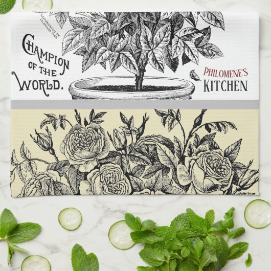 アンティークローズブッシュ – あなたの選択の文字 キッチンタオル (折り畳み)