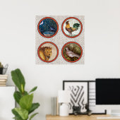 アンティークローマのモザイクの鳥、雄鶏とライオン ポスター (ホームオフィス)