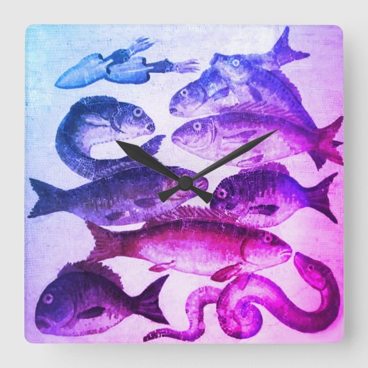 アンティークローマのモザイク、魚類シーライフピンクブルー スクエア壁時計 (正面)