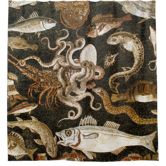 アンティークローマンモザイクポンペイシーライフストーンモザイク シャワーカーテン (正面)