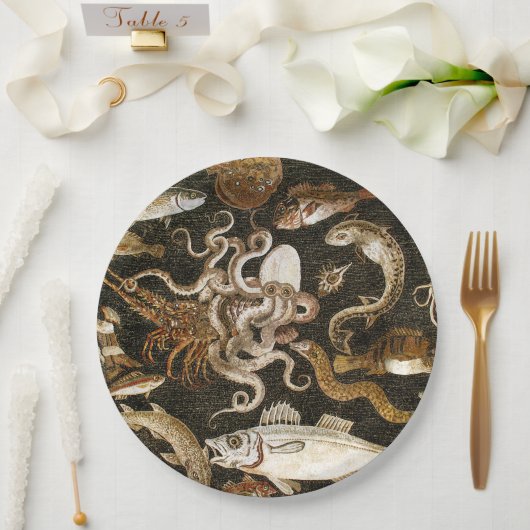 アンティークローマンモザイクポンペイシーライフストーンモザイク ペーパープレート (ウェディング)