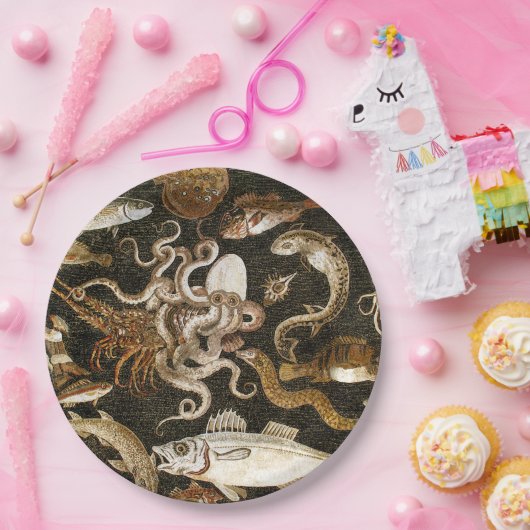 アンティークローマンモザイクポンペイシーライフストーンモザイク ペーパープレート (パーティー)