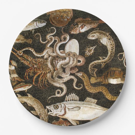 アンティークローマンモザイクポンペイシーライフストーンモザイク ペーパープレート (正面)