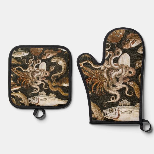 アンティークローマンモザイクポンペイシーライフストーンモザイク 鍋つかみ&鍋敷きセット (正面)