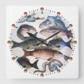 アンティークローマンモザイク、魚類、海海生活シーン スクエア壁時計 (正面)