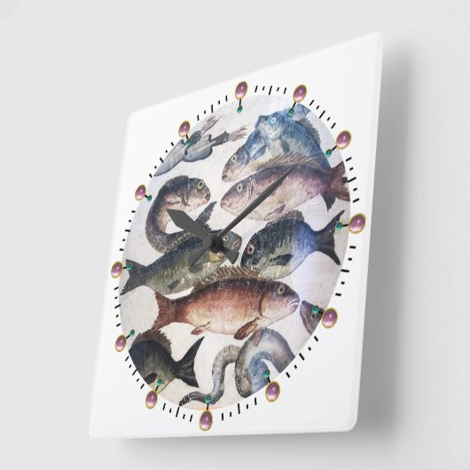 アンティークローマンモザイク、魚類、海海生活シーン スクエア壁時計 (傾斜)