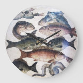 アンティークローマンモザイク、魚類、海海生活シーン ラージ壁時計 (正面)