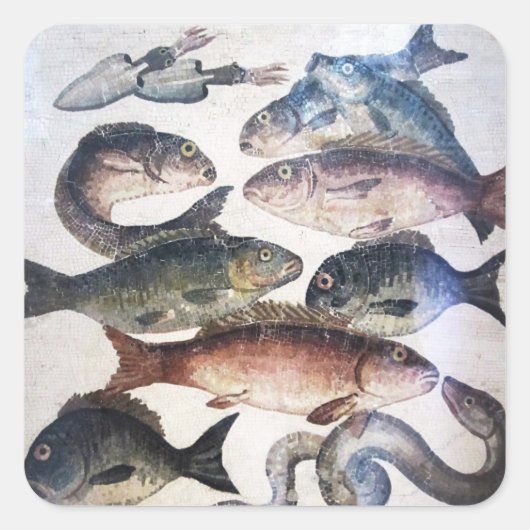 アンティークローマンモザイク、魚、海シーライフシーン スクエアシール (正面)