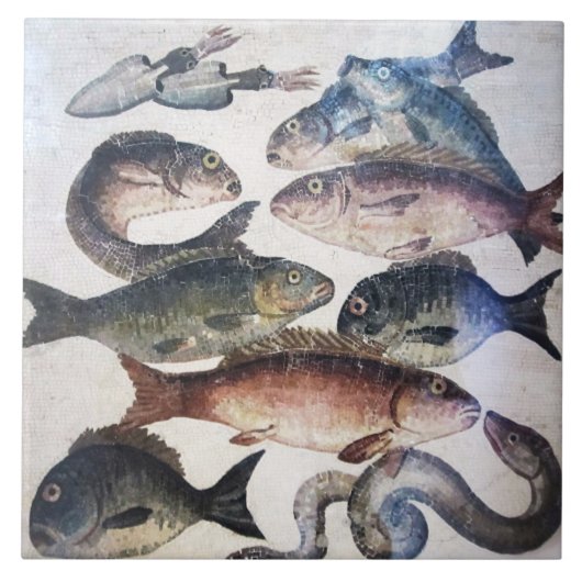 アンティークローマンモザイク、魚、海シーライフシーン タイル (正面)