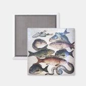 アンティークローマンモザイク、魚、海シーライフシーン マグネット (正面/裏面)