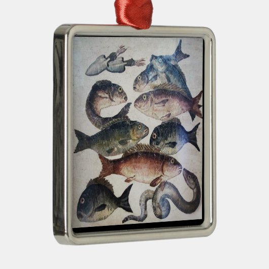 アンティークローマンモザイク、魚、海シーライフシーン メタルオーナメント (右)