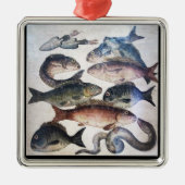 アンティークローマンモザイク、魚、海シーライフシーン メタルオーナメント (正面)