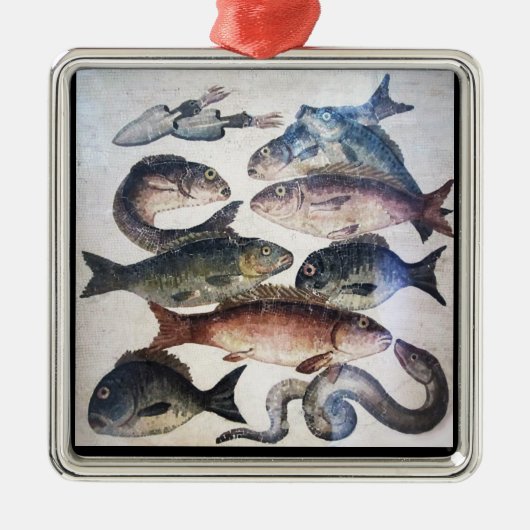 アンティークローマンモザイク、魚、海シーライフシーン メタルオーナメント (正面)