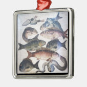 アンティークローマンモザイク、魚、海シーライフシーン メタルオーナメント (左)