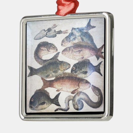 アンティークローマンモザイク、魚、海シーライフシーン メタルオーナメント (左)