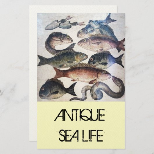 アンティークローマンモザイク、魚、海シーライフシーン 便箋 (正面/裏面)