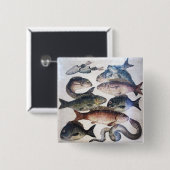 アンティークローマンモザイク、魚、海シーライフシーン 缶バッジ (正面&裏面)