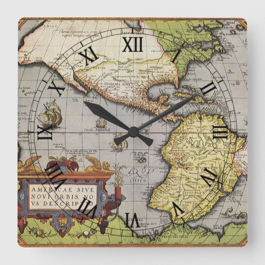 アンティークワールドマップザアメリカバイアブラハム・オルテリウス スクエア壁時計 (正面)