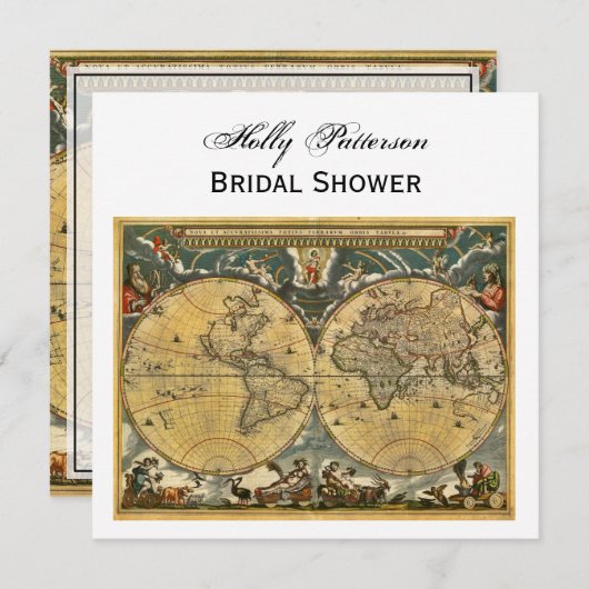 アンティークワールドマップホワイトBG SQブライダルシャワー 招待状 (正面/裏面)