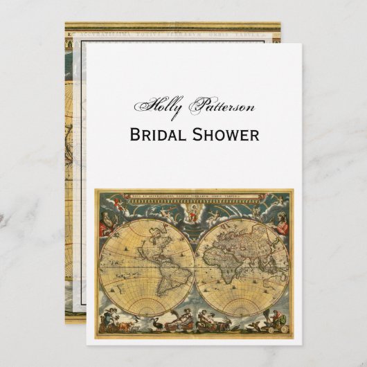 アンティークワールドマップホワイトBG Vブライダルシャワー 招待状 (正面/裏面)