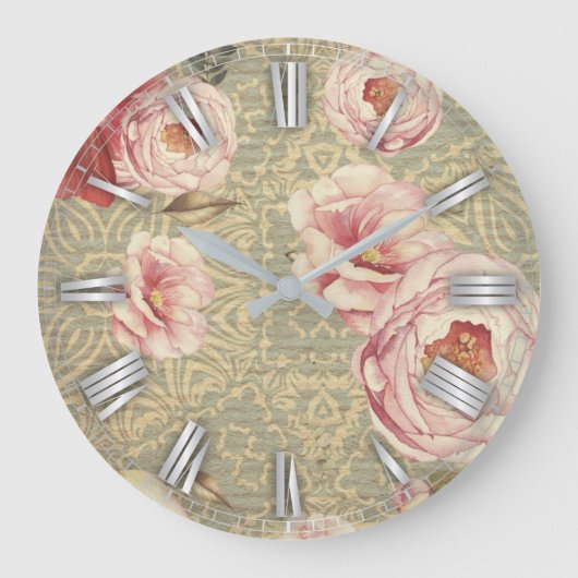 アンティークヴィンテージの花と花びらオンダマスク紙 ラージ壁時計 (正面)