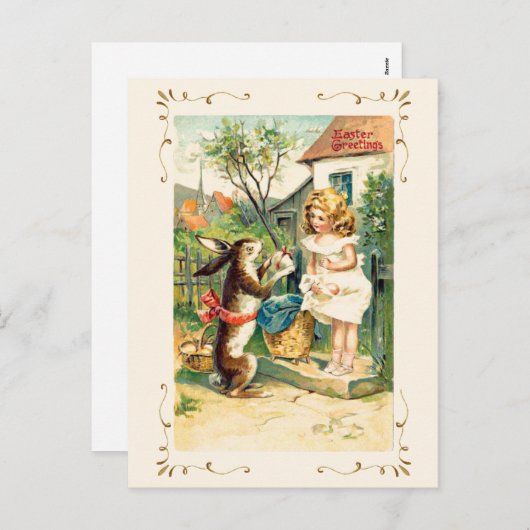 アンティークヴィンテージイースターグリースバニーガール シーズンポストカード (正面/裏面)