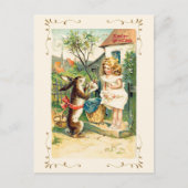 アンティークヴィンテージイースターグリースバニーガール シーズンポストカード (正面)