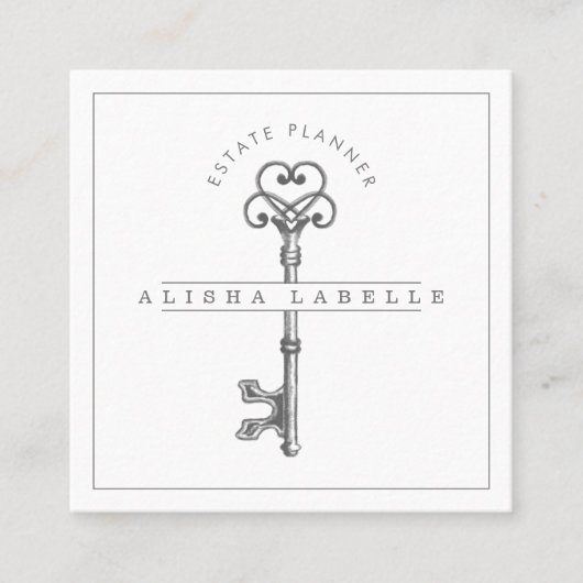 アンティークヴィンテージグレースケルトン鍵 スクエア名刺 (正面)