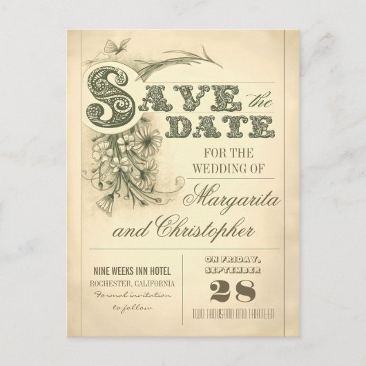 アンティークヴィンテージタイポグラフィ日付ポストカードの保存 案内ポストカード (正面)