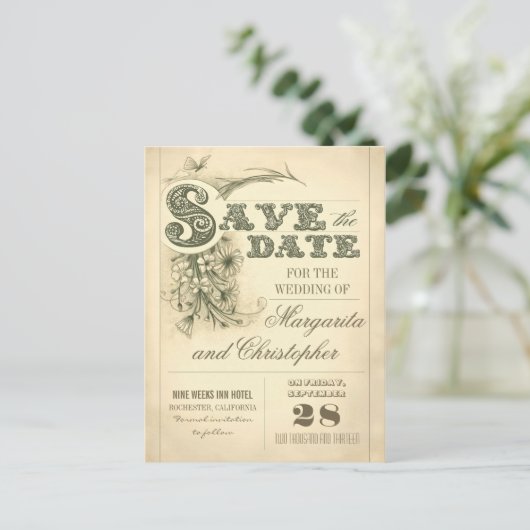 アンティークヴィンテージタイポグラフィ日付ポストカードの保存 案内ポストカード (スタンド正面)