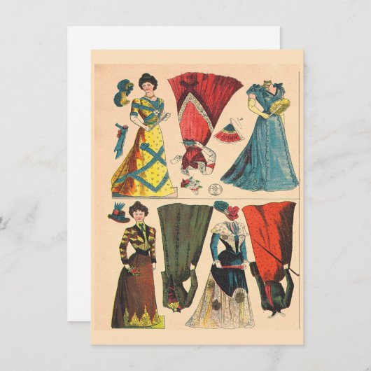 アンティークヴィンテージビクトリアン紙人形の衣服セット 招待状 (正面/裏面)