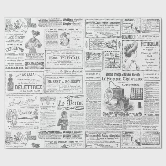 アンティークヴィンテージフランスの白黒ADSエフェメラ ラッピングペーパー (フラット)