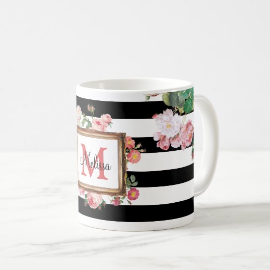 アンティークヴィンテージフローラストライプ&モノグラム コーヒーマグカップ (正面右)