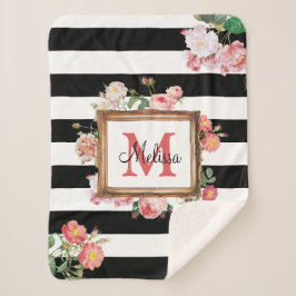 アンティークヴィンテージフローラストライプ&モノグラム シェルパブランケット