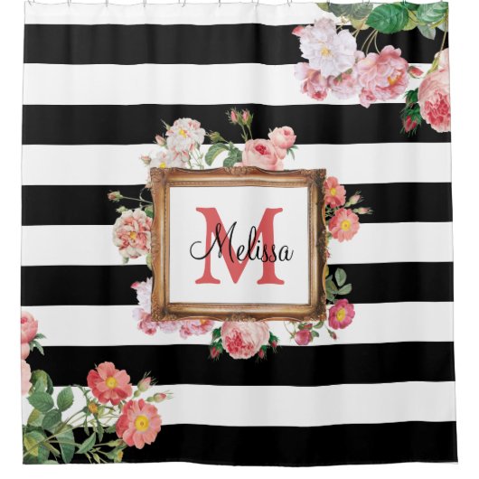 アンティークヴィンテージフローラストライプ&モノグラム シャワーカーテン (正面)