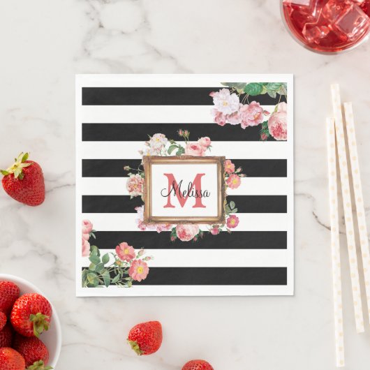 アンティークヴィンテージフローラストライプ&モノグラム スタンダードランチョンナプキン (インサイチュ)