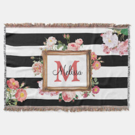 アンティークヴィンテージフローラストライプ&モノグラム スローブランケット