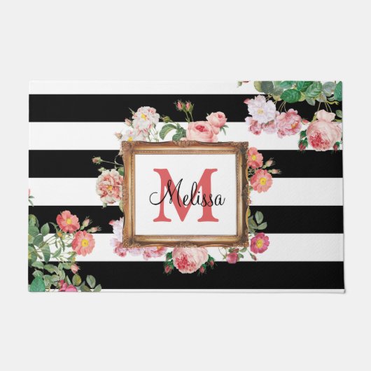 アンティークヴィンテージフローラストライプ&モノグラム ドアマット (正面)