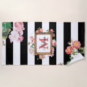 アンティークヴィンテージフローラストライプ&モノグラム ビーチタオル (正面)