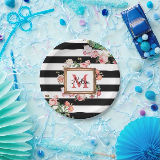 アンティークヴィンテージフローラストライプ&モノグラム ペーパープレート (パーティー)
