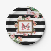 アンティークヴィンテージフローラストライプ&モノグラム ペーパープレート (正面)