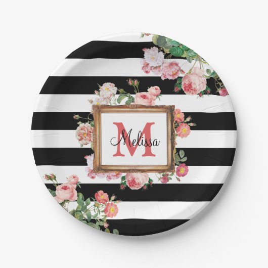 アンティークヴィンテージフローラストライプ&モノグラム ペーパープレート (正面)