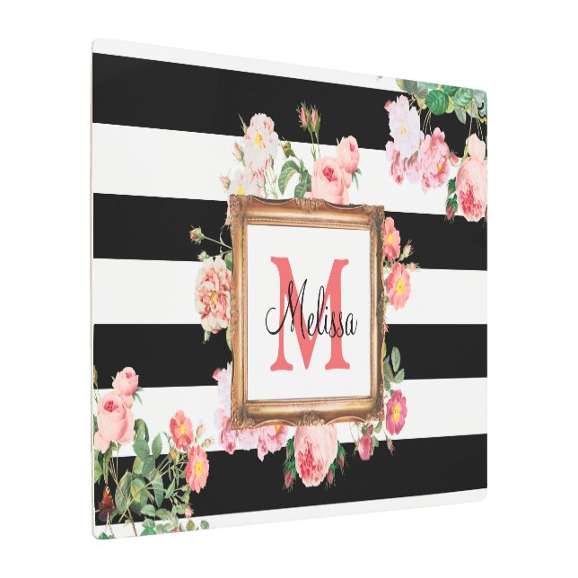 アンティークヴィンテージフローラストライプ&モノグラム メタルプリント (アングル)