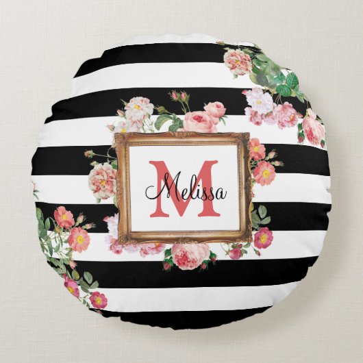 アンティークヴィンテージフローラストライプ&モノグラム ラウンドクッション (正面)