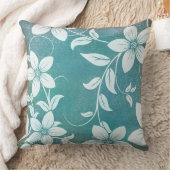 アンティークヴィンテージブルーティール(緑がかった色)ホワイトフローラ クッション (ブランケット)