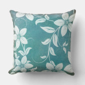 アンティークヴィンテージブルーティール(緑がかった色)ホワイトフローラ クッション (正面)