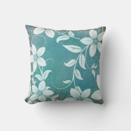 アンティークヴィンテージブルーティール（緑がかった色）ホワイトフローラ クッション