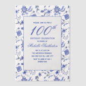 アンティークヴィンテージブルーフローラ100誕生日 ベラム紙招待状 (正面)