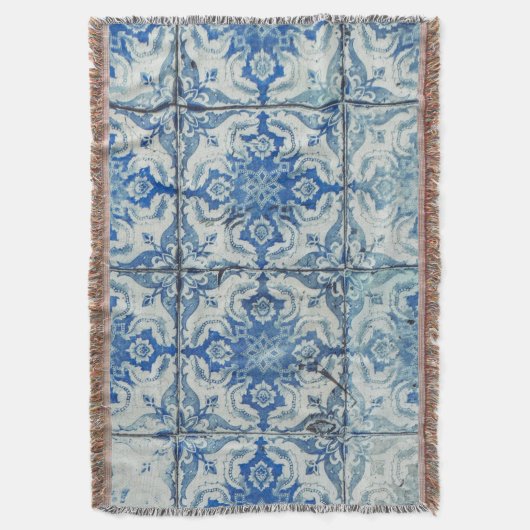 アンティークヴィンテージポルトガルのタイル模様 – Azulejo スローブランケット (正面縦)