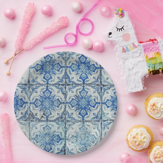 アンティークヴィンテージポルトガルのタイル模様 – Azulejo ペーパープレート (パーティー)